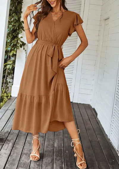 PRETTYGARDEN Women's Summer Floral Boho Maxi Dress Wrap Short Sleeve V Neck Ruffle A-Line Flowy Wedding Guest Long Dresses PRETTYGARDEN