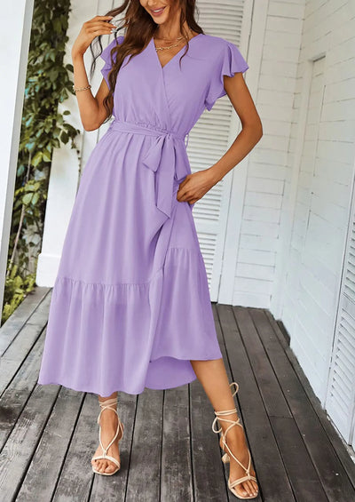 PRETTYGARDEN Women's Summer Floral Boho Maxi Dress Wrap Short Sleeve V Neck Ruffle A-Line Flowy Wedding Guest Long Dresses PRETTYGARDEN