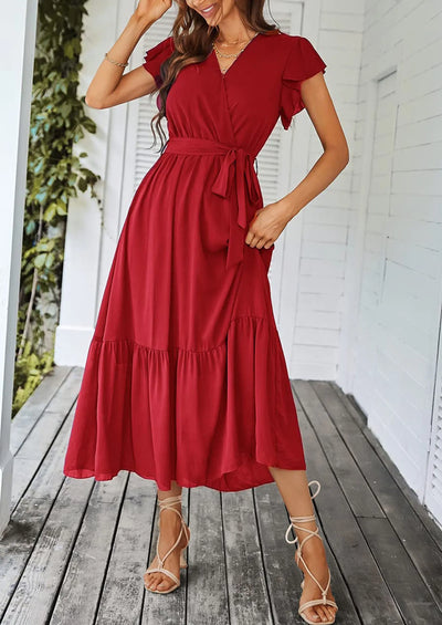 PRETTYGARDEN Women's Summer Floral Boho Maxi Dress Wrap Short Sleeve V Neck Ruffle A-Line Flowy Wedding Guest Long Dresses PRETTYGARDEN