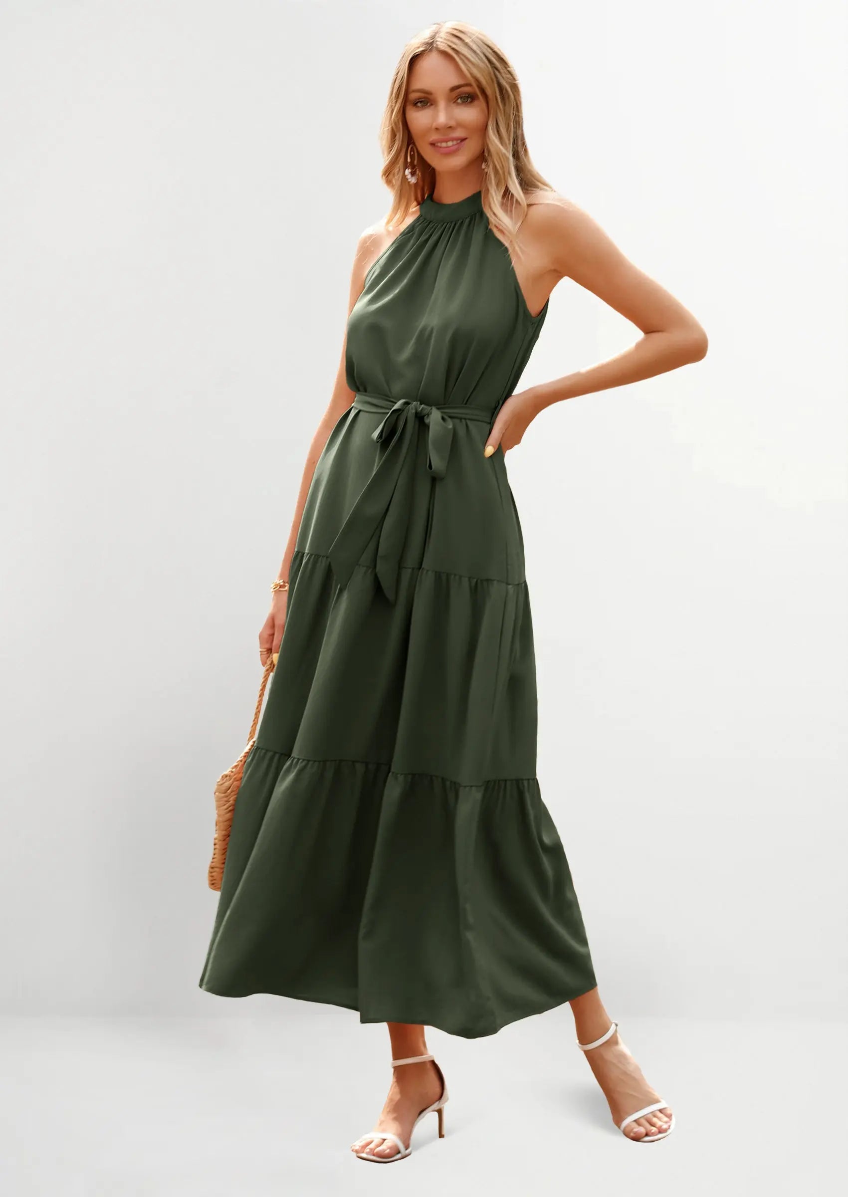 PRETTYGARDEN Women's Summer Floral Maxi Sun Dress Sleeveless Halter Neck Flowy Ruffle Hem Long Boho Dresses with Belt PRETTYGARDEN