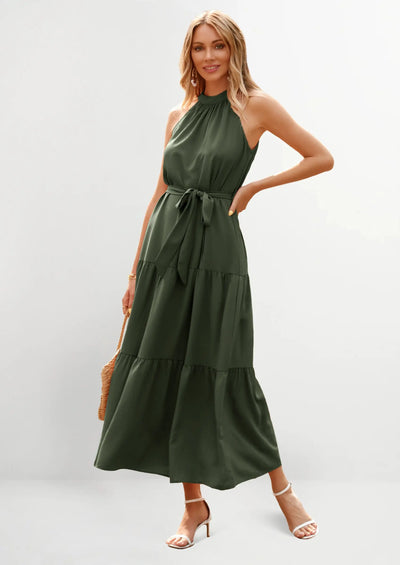 PRETTYGARDEN Women's Summer Floral Maxi Sun Dress Sleeveless Halter Neck Flowy Ruffle Hem Long Boho Dresses with Belt PRETTYGARDEN