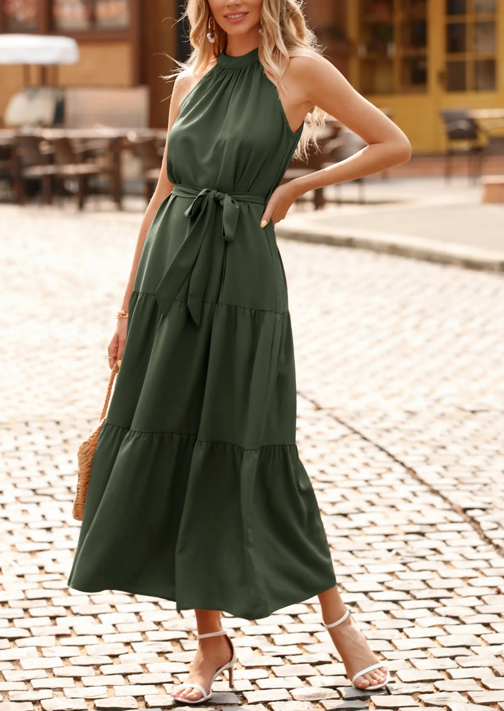 PRETTYGARDEN Women's Summer Floral Maxi Sun Dress Sleeveless Halter Neck Flowy Ruffle Hem Long Boho Dresses with Belt PRETTYGARDEN