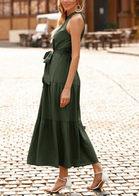 PRETTYGARDEN Women's Summer Floral Maxi Sun Dress Sleeveless Halter Neck Flowy Ruffle Hem Long Boho Dresses with Belt PRETTYGARDEN