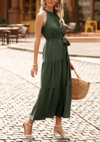 PRETTYGARDEN Women's Summer Floral Maxi Sun Dress Sleeveless Halter Neck Flowy Ruffle Hem Long Boho Dresses with Belt PRETTYGARDEN