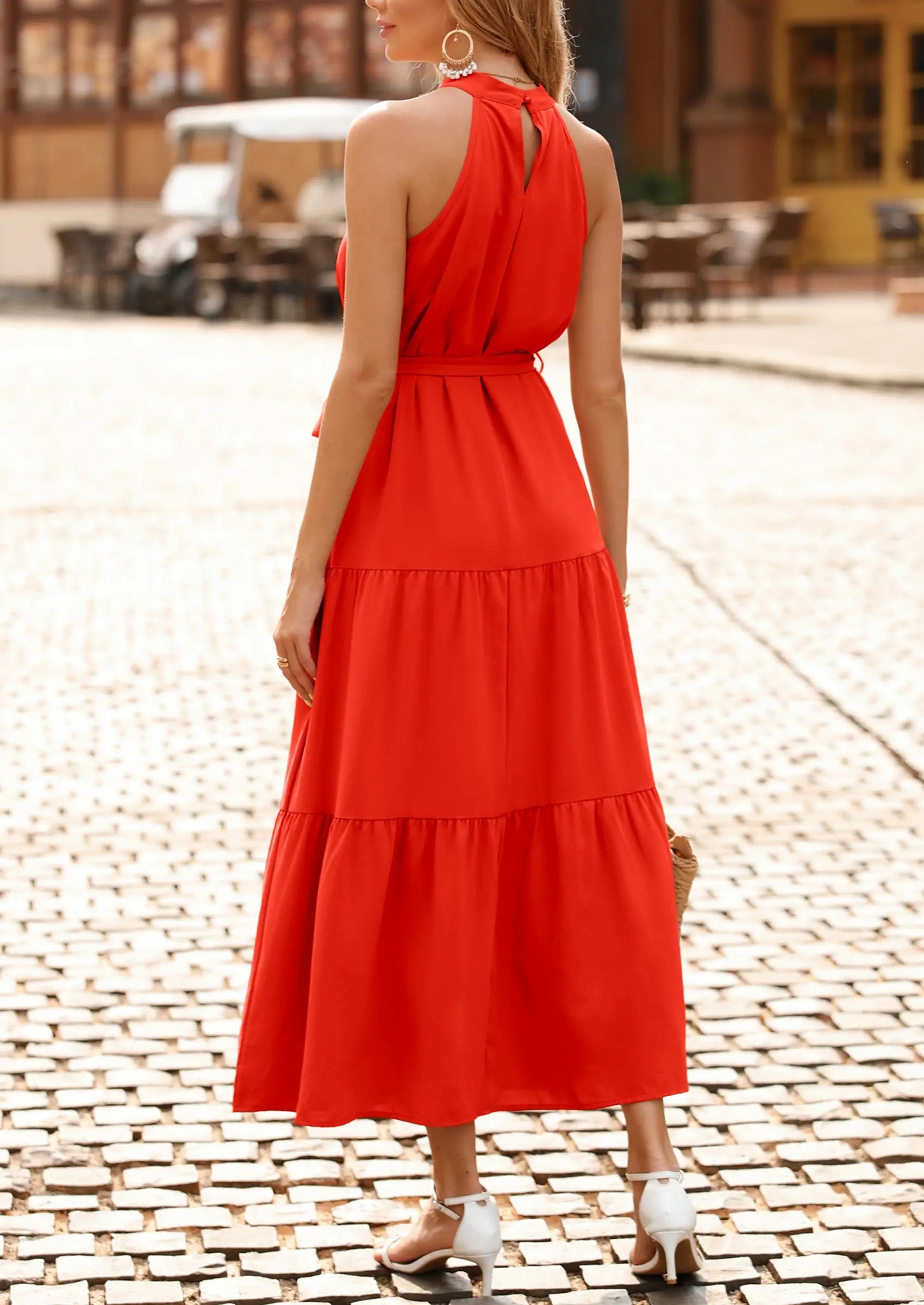 PRETTYGARDEN Women's Summer Floral Maxi Sun Dress Sleeveless Halter Neck Flowy Ruffle Hem Long Boho Dresses with Belt PRETTYGARDEN