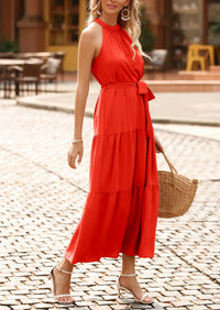 PRETTYGARDEN Women's Summer Floral Maxi Sun Dress Sleeveless Halter Neck Flowy Ruffle Hem Long Boho Dresses with Belt PRETTYGARDEN