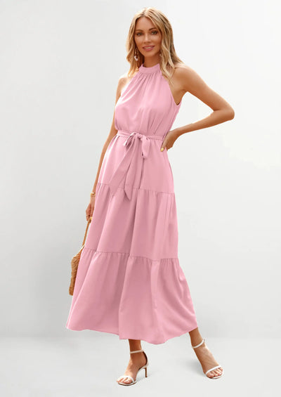 PRETTYGARDEN Women's Summer Floral Maxi Sun Dress Sleeveless Halter Neck Flowy Ruffle Hem Long Boho Dresses with Belt PRETTYGARDEN