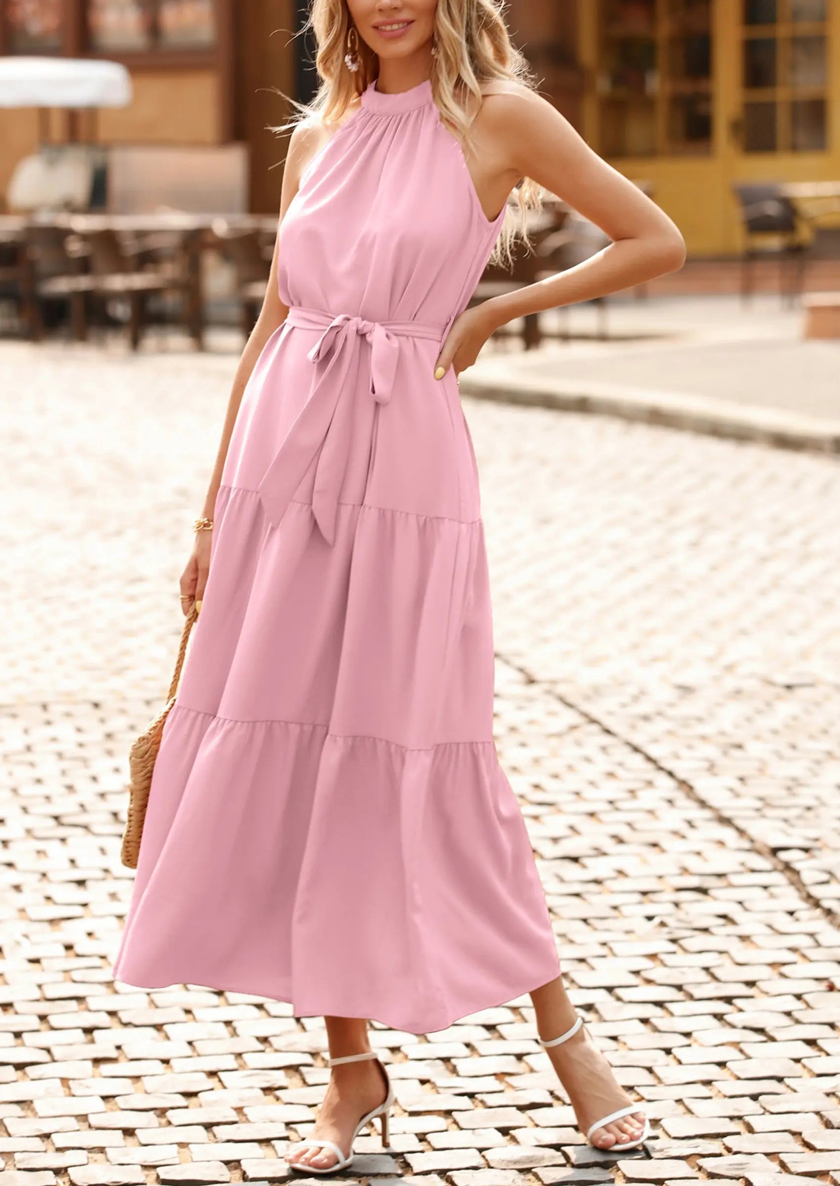 PRETTYGARDEN Women's Summer Floral Maxi Sun Dress Sleeveless Halter Neck Flowy Ruffle Hem Long Boho Dresses with Belt PRETTYGARDEN