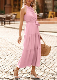 PRETTYGARDEN Women's Summer Floral Maxi Sun Dress Sleeveless Halter Neck Flowy Ruffle Hem Long Boho Dresses with Belt PRETTYGARDEN