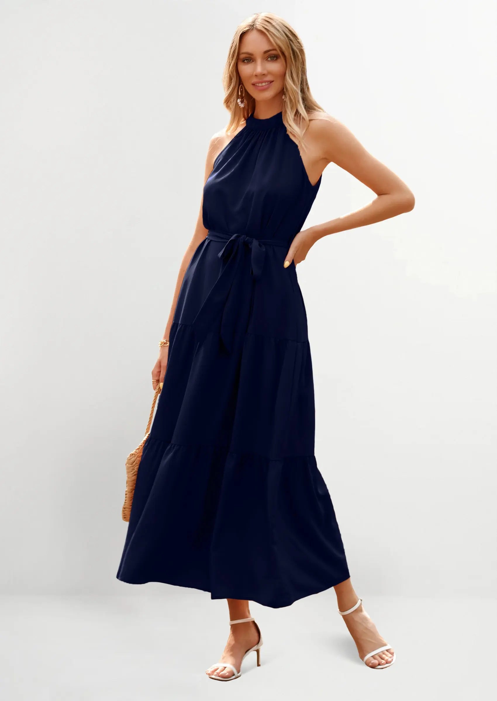 PRETTYGARDEN Women's Summer Floral Maxi Sun Dress Sleeveless Halter Neck Flowy Ruffle Hem Long Boho Dresses with Belt PRETTYGARDEN