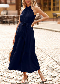 PRETTYGARDEN Women's Summer Floral Maxi Sun Dress Sleeveless Halter Neck Flowy Ruffle Hem Long Boho Dresses with Belt PRETTYGARDEN