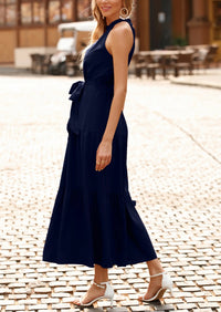 PRETTYGARDEN Women's Summer Floral Maxi Sun Dress Sleeveless Halter Neck Flowy Ruffle Hem Long Boho Dresses with Belt PRETTYGARDEN