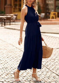 PRETTYGARDEN Women's Summer Floral Maxi Sun Dress Sleeveless Halter Neck Flowy Ruffle Hem Long Boho Dresses with Belt PRETTYGARDEN