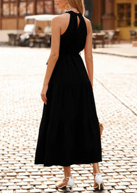 PRETTYGARDEN Women's Summer Floral Maxi Sun Dress Sleeveless Halter Neck Flowy Ruffle Hem Long Boho Dresses with Belt PRETTYGARDEN