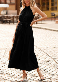 PRETTYGARDEN Women's Summer Floral Maxi Sun Dress Sleeveless Halter Neck Flowy Ruffle Hem Long Boho Dresses with Belt PRETTYGARDEN