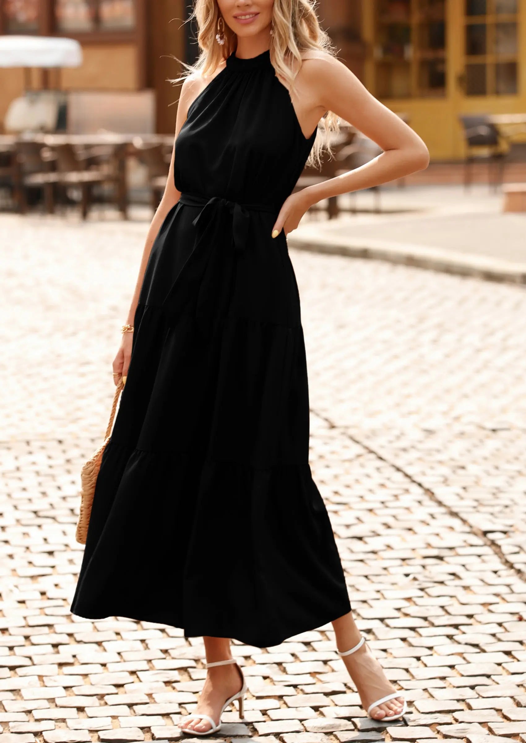 PRETTYGARDEN Women's Summer Floral Maxi Sun Dress Sleeveless Halter Neck Flowy Ruffle Hem Long Boho Dresses with Belt PRETTYGARDEN