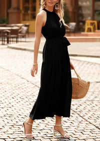 PRETTYGARDEN Women's Summer Floral Maxi Sun Dress Sleeveless Halter Neck Flowy Ruffle Hem Long Boho Dresses with Belt PRETTYGARDEN