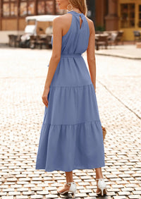 PRETTYGARDEN Women's Summer Floral Maxi Sun Dress Sleeveless Halter Neck Flowy Ruffle Hem Long Boho Dresses with Belt PRETTYGARDEN