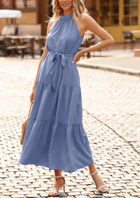 PRETTYGARDEN Women's Summer Floral Maxi Sun Dress Sleeveless Halter Neck Flowy Ruffle Hem Long Boho Dresses with Belt PRETTYGARDEN