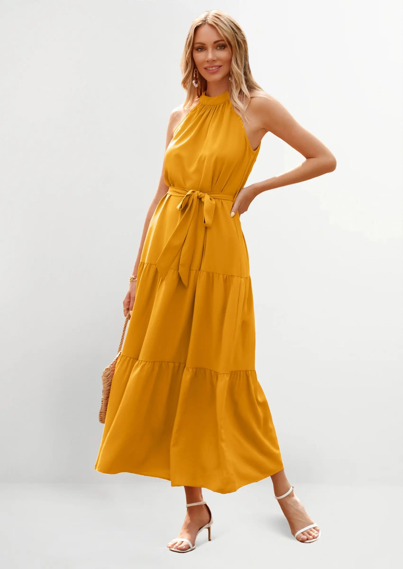 PRETTYGARDEN Women's Summer Floral Maxi Sun Dress Sleeveless Halter Neck Flowy Ruffle Hem Long Boho Dresses with Belt PRETTYGARDEN