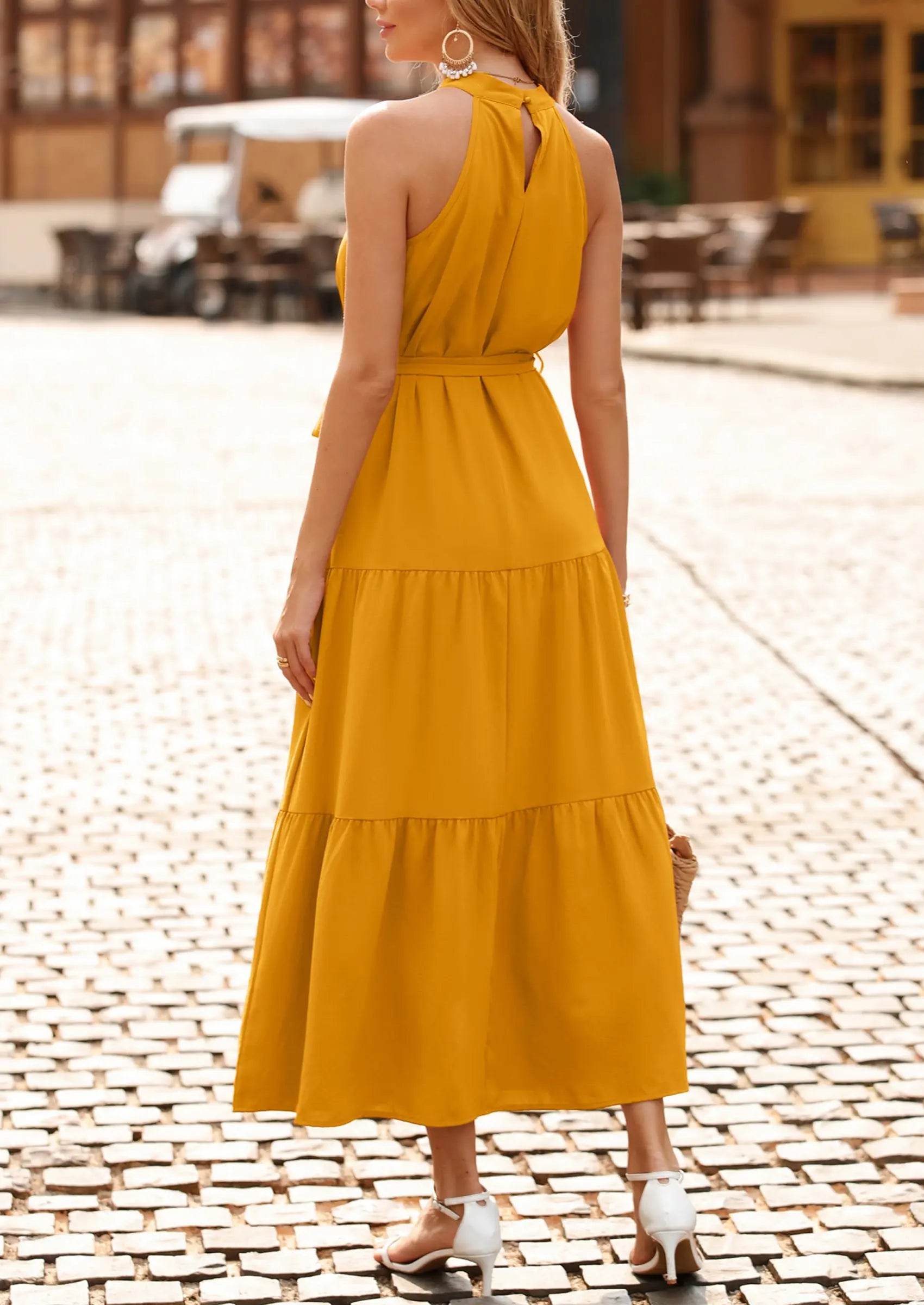 PRETTYGARDEN Women's Summer Floral Maxi Sun Dress Sleeveless Halter Neck Flowy Ruffle Hem Long Boho Dresses with Belt PRETTYGARDEN