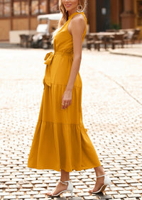 PRETTYGARDEN Women's Summer Floral Maxi Sun Dress Sleeveless Halter Neck Flowy Ruffle Hem Long Boho Dresses with Belt PRETTYGARDEN