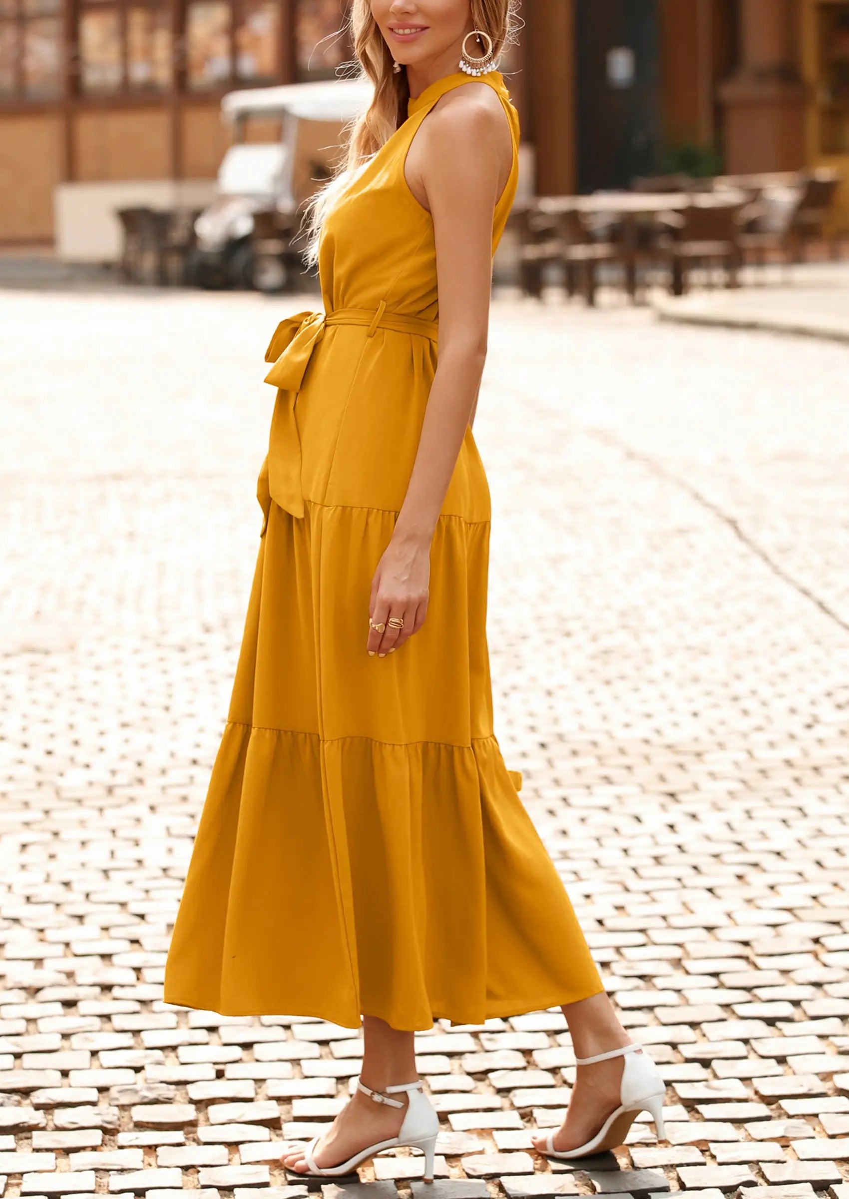 PRETTYGARDEN Women's Summer Floral Maxi Sun Dress Sleeveless Halter Neck Flowy Ruffle Hem Long Boho Dresses with Belt PRETTYGARDEN