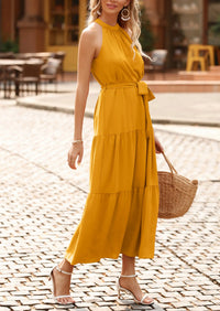 PRETTYGARDEN Women's Summer Floral Maxi Sun Dress Sleeveless Halter Neck Flowy Ruffle Hem Long Boho Dresses with Belt PRETTYGARDEN