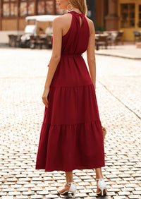 PRETTYGARDEN Women's Summer Floral Maxi Sun Dress Sleeveless Halter Neck Flowy Ruffle Hem Long Boho Dresses with Belt PRETTYGARDEN