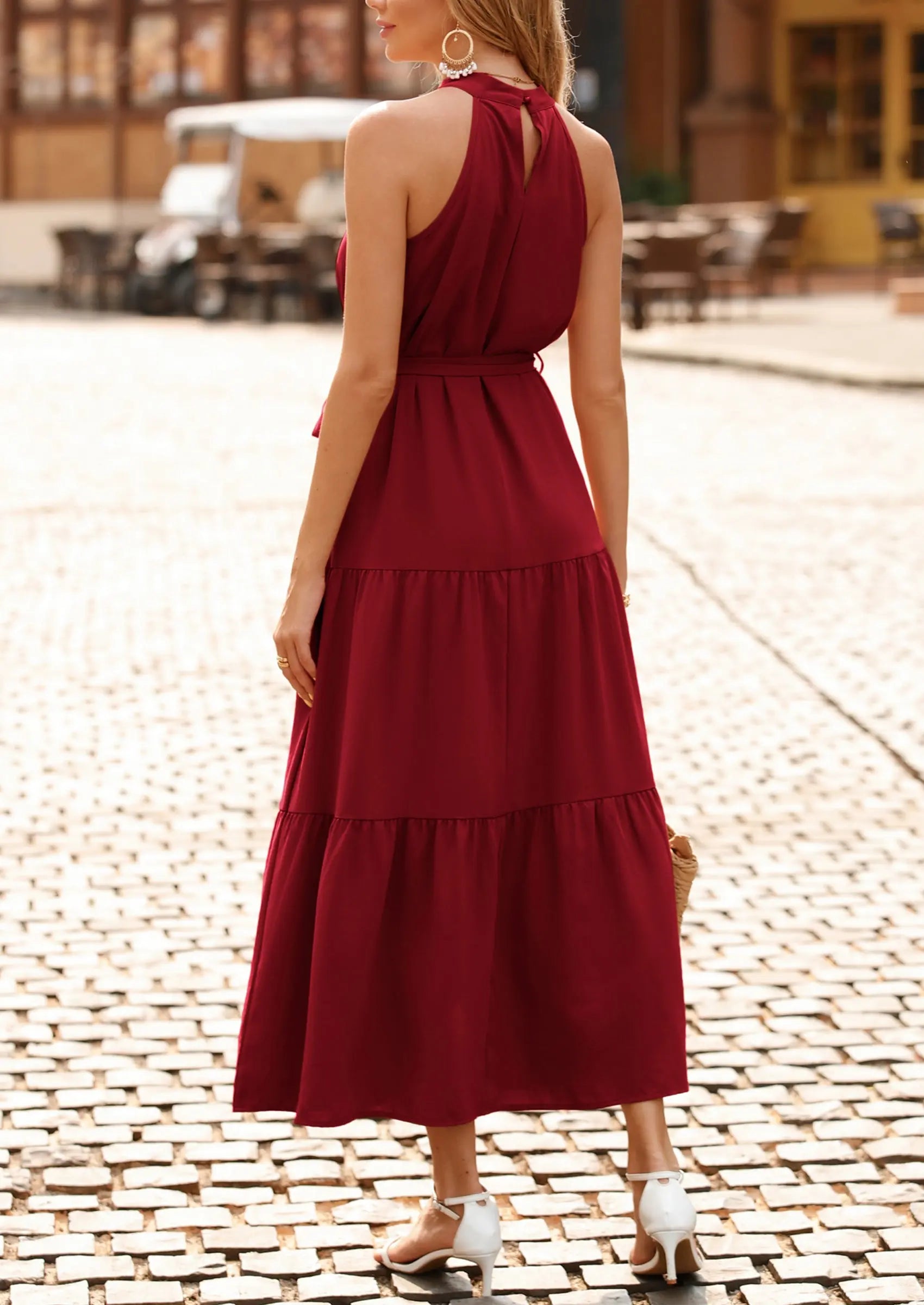 PRETTYGARDEN Women's Summer Floral Maxi Sun Dress Sleeveless Halter Neck Flowy Ruffle Hem Long Boho Dresses with Belt PRETTYGARDEN