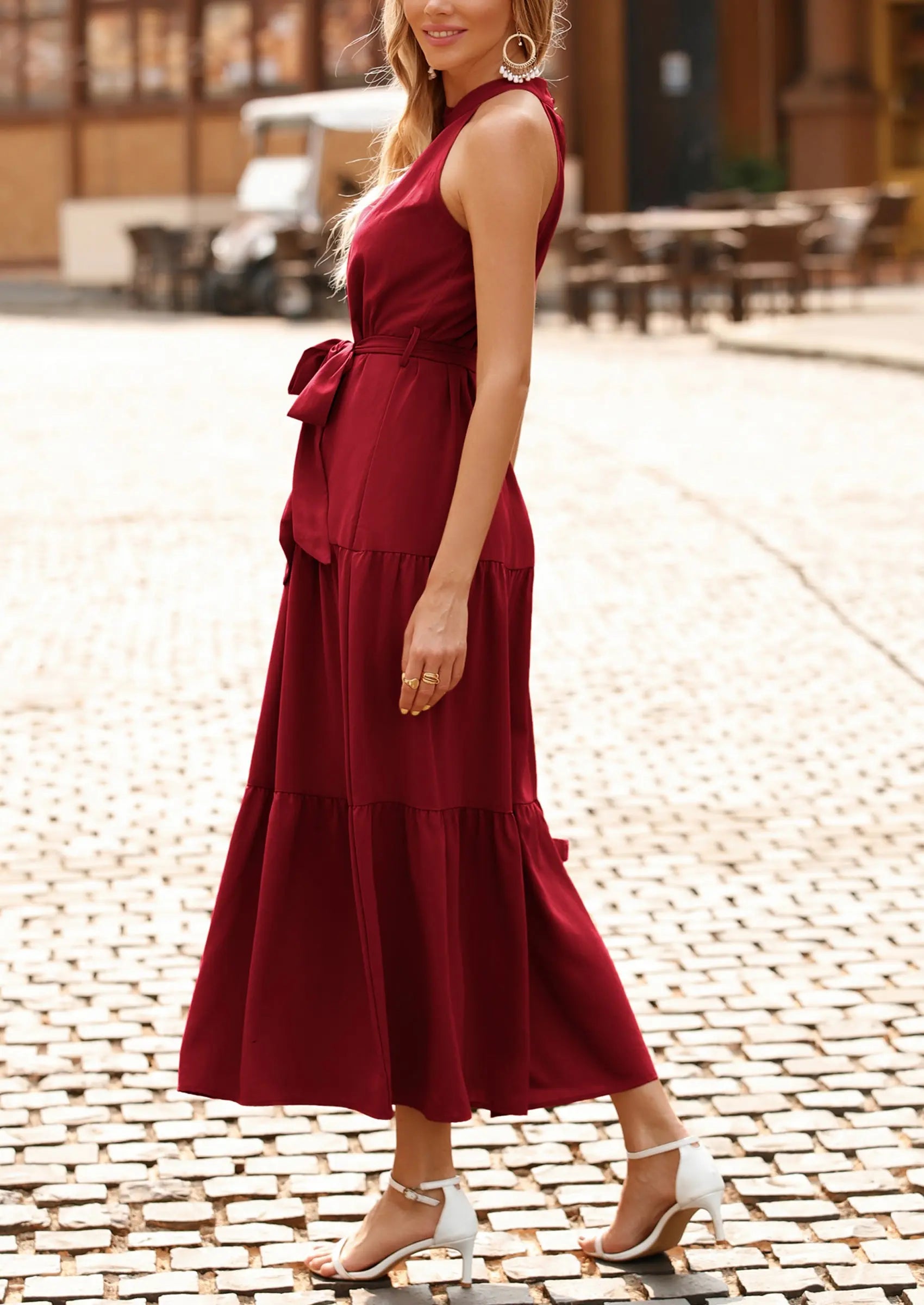 PRETTYGARDEN Women's Summer Floral Maxi Sun Dress Sleeveless Halter Neck Flowy Ruffle Hem Long Boho Dresses with Belt PRETTYGARDEN