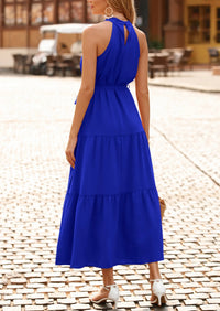 PRETTYGARDEN Women's Summer Floral Maxi Sun Dress Sleeveless Halter Neck Flowy Ruffle Hem Long Boho Dresses with Belt PRETTYGARDEN