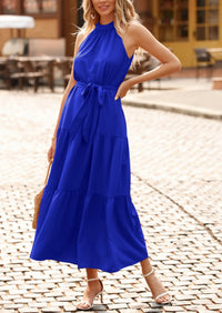 PRETTYGARDEN Women's Summer Floral Maxi Sun Dress Sleeveless Halter Neck Flowy Ruffle Hem Long Boho Dresses with Belt PRETTYGARDEN