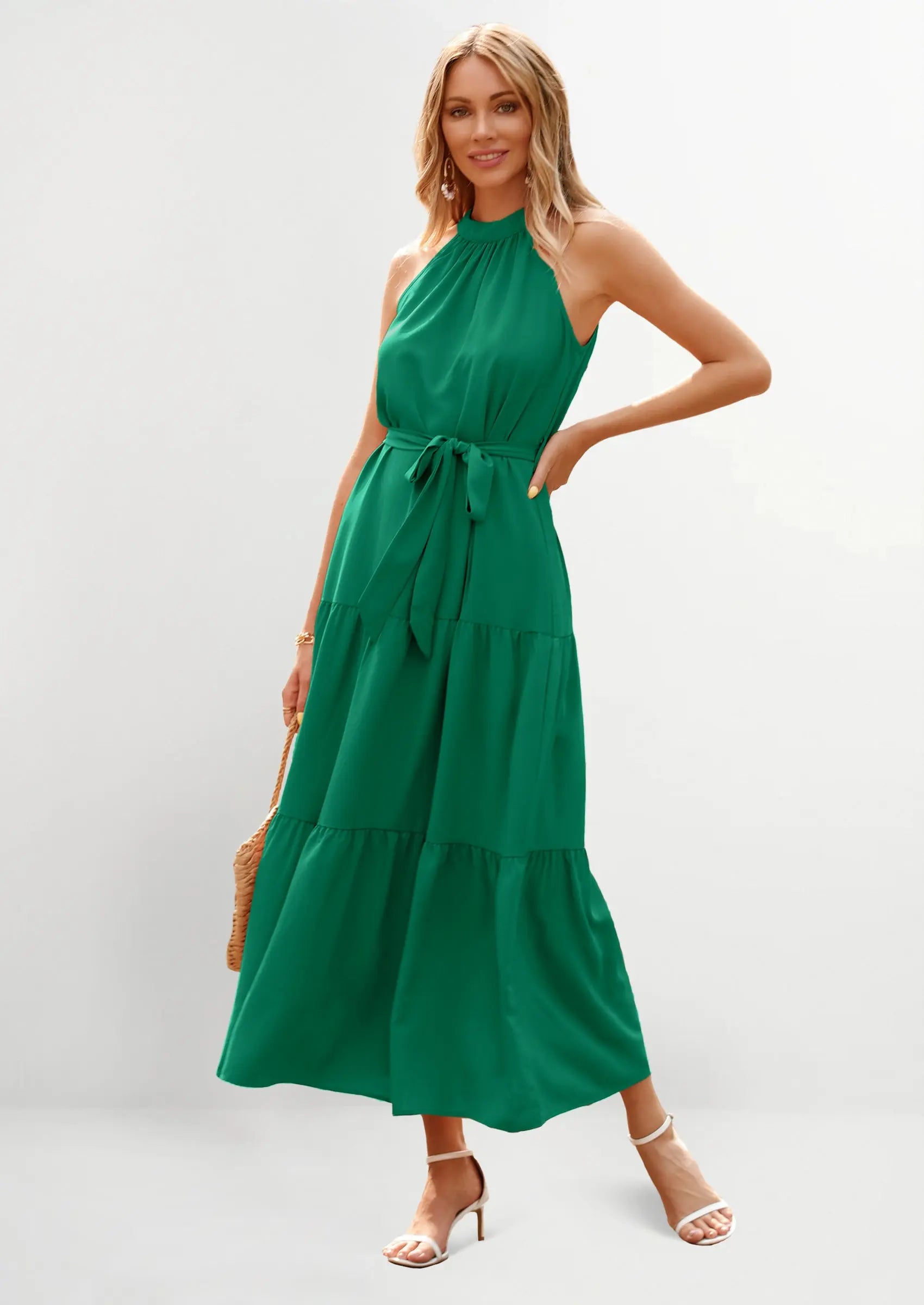 PRETTYGARDEN Women's Summer Floral Maxi Sun Dress Sleeveless Halter Neck Flowy Ruffle Hem Long Boho Dresses with Belt PRETTYGARDEN