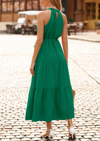 PRETTYGARDEN Women's Summer Floral Maxi Sun Dress Sleeveless Halter Neck Flowy Ruffle Hem Long Boho Dresses with Belt PRETTYGARDEN