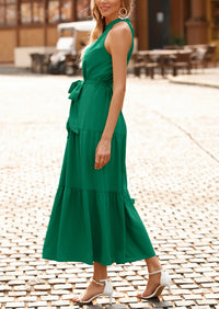 PRETTYGARDEN Women's Summer Floral Maxi Sun Dress Sleeveless Halter Neck Flowy Ruffle Hem Long Boho Dresses with Belt PRETTYGARDEN