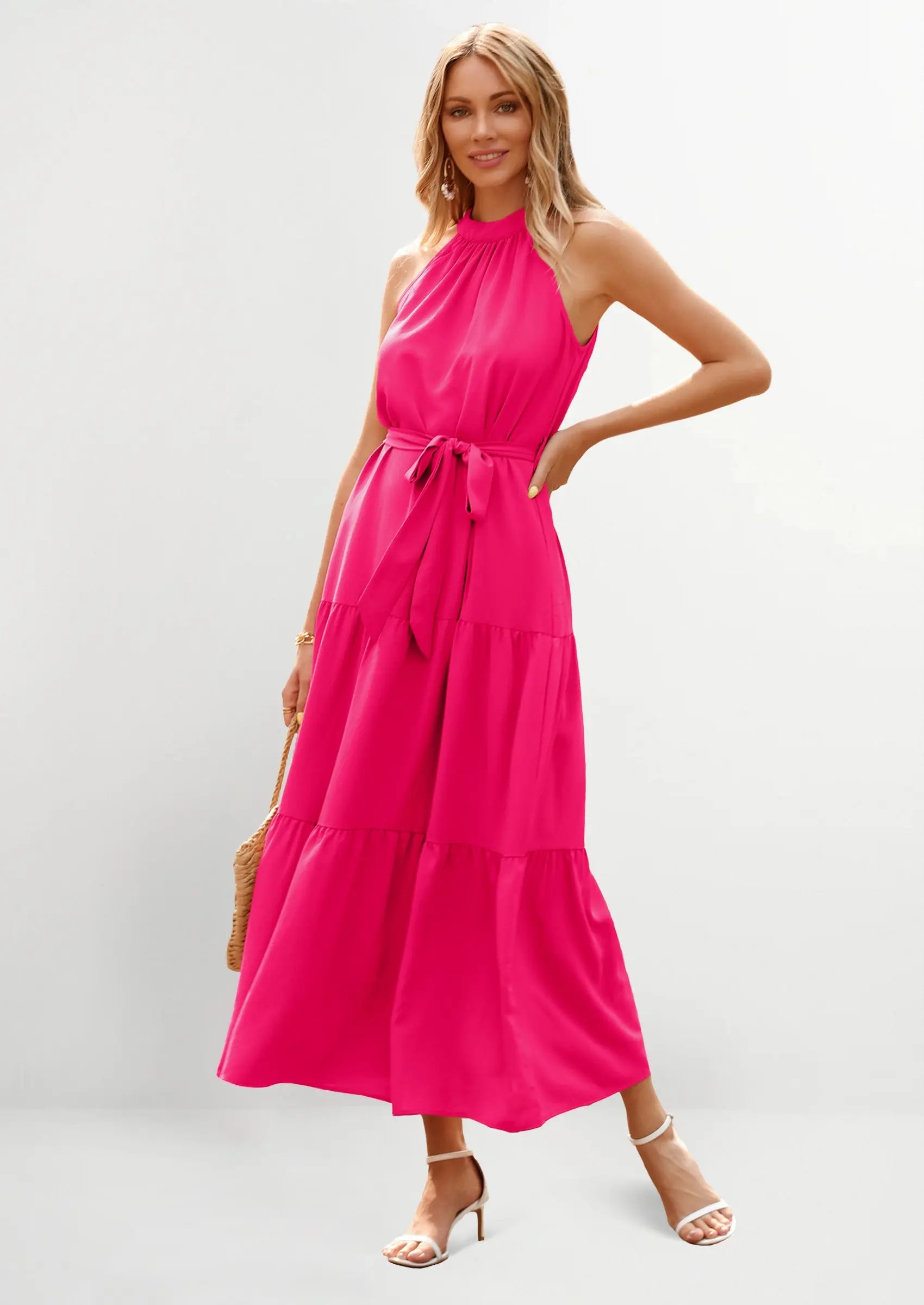 PRETTYGARDEN Women's Summer Floral Maxi Sun Dress Sleeveless Halter Neck Flowy Ruffle Hem Long Boho Dresses with Belt PRETTYGARDEN