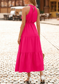 PRETTYGARDEN Women's Summer Floral Maxi Sun Dress Sleeveless Halter Neck Flowy Ruffle Hem Long Boho Dresses with Belt PRETTYGARDEN