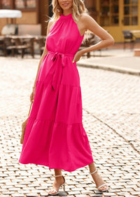 PRETTYGARDEN Women's Summer Floral Maxi Sun Dress Sleeveless Halter Neck Flowy Ruffle Hem Long Boho Dresses with Belt PRETTYGARDEN