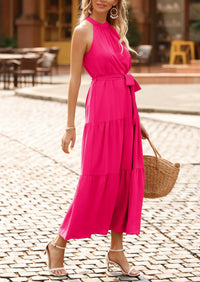 PRETTYGARDEN Women's Summer Floral Maxi Sun Dress Sleeveless Halter Neck Flowy Ruffle Hem Long Boho Dresses with Belt PRETTYGARDEN