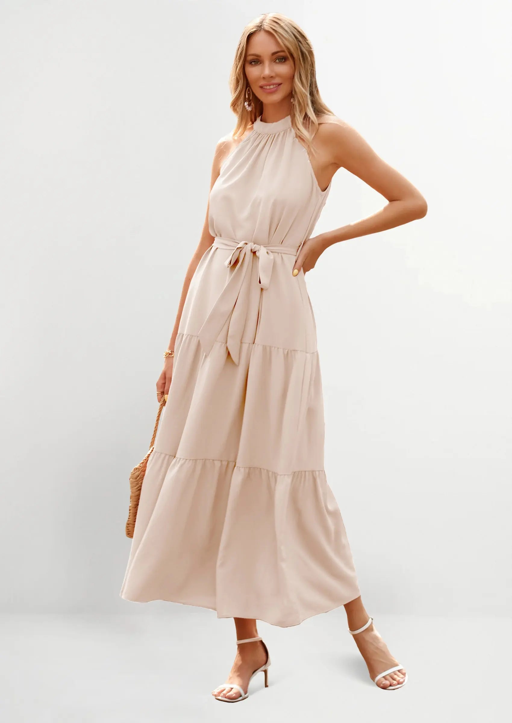 PRETTYGARDEN Women's Summer Floral Maxi Sun Dress Sleeveless Halter Neck Flowy Ruffle Hem Long Boho Dresses with Belt PRETTYGARDEN