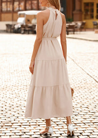 PRETTYGARDEN Women's Summer Floral Maxi Sun Dress Sleeveless Halter Neck Flowy Ruffle Hem Long Boho Dresses with Belt PRETTYGARDEN