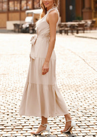 PRETTYGARDEN Women's Summer Floral Maxi Sun Dress Sleeveless Halter Neck Flowy Ruffle Hem Long Boho Dresses with Belt PRETTYGARDEN