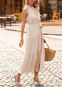 PRETTYGARDEN Women's Summer Floral Maxi Sun Dress Sleeveless Halter Neck Flowy Ruffle Hem Long Boho Dresses with Belt PRETTYGARDEN