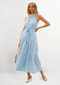 PRETTYGARDEN Women's Summer Floral Maxi Sun Dress Sleeveless Halter Neck Flowy Ruffle Hem Long Boho Dresses with Belt PRETTYGARDEN