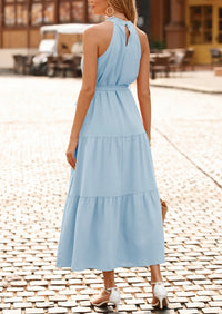 PRETTYGARDEN Women's Summer Floral Maxi Sun Dress Sleeveless Halter Neck Flowy Ruffle Hem Long Boho Dresses with Belt PRETTYGARDEN