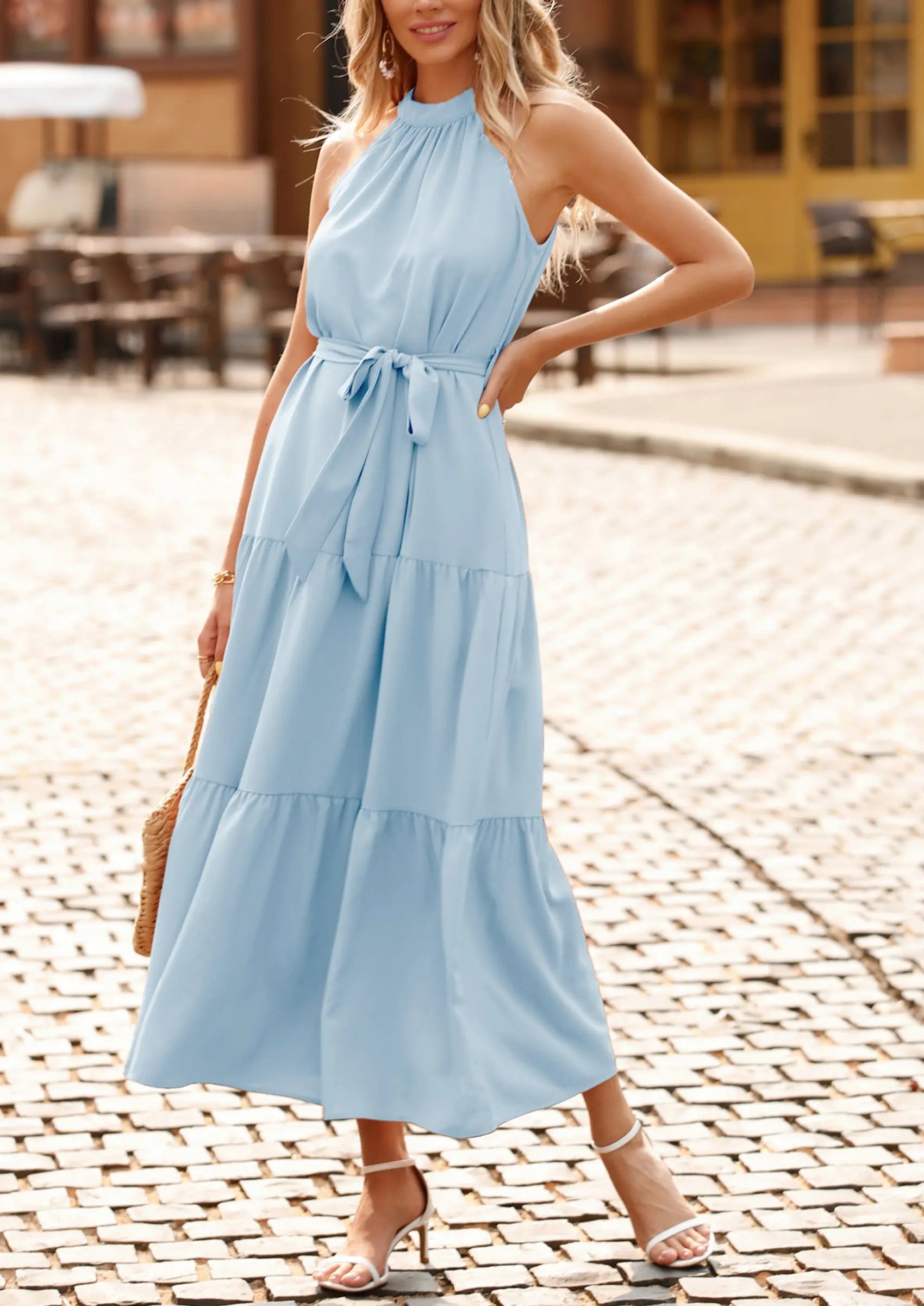 PRETTYGARDEN Women's Summer Floral Maxi Sun Dress Sleeveless Halter Neck Flowy Ruffle Hem Long Boho Dresses with Belt PRETTYGARDEN