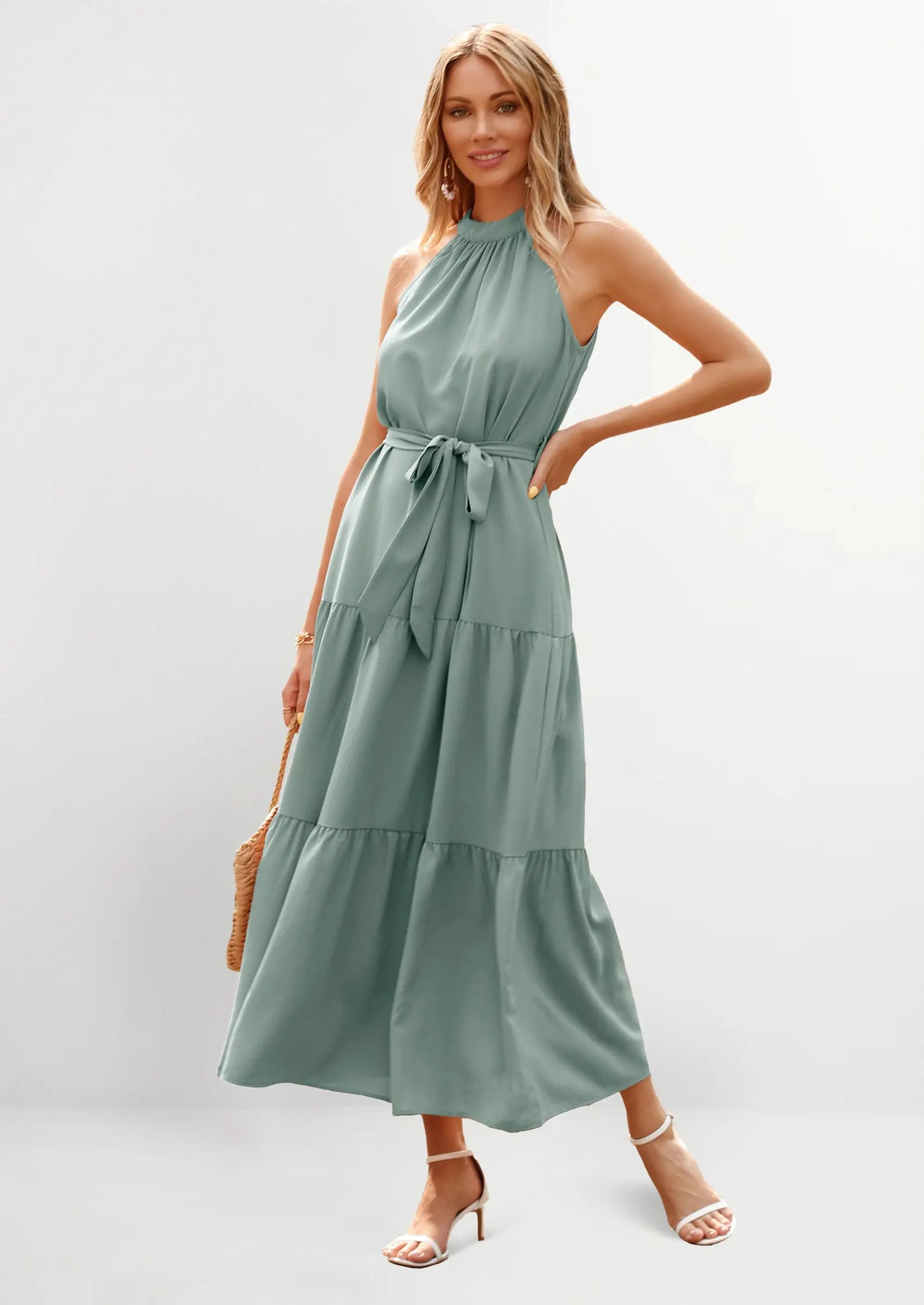 PRETTYGARDEN Women's Summer Floral Maxi Sun Dress Sleeveless Halter Neck Flowy Ruffle Hem Long Boho Dresses with Belt PRETTYGARDEN