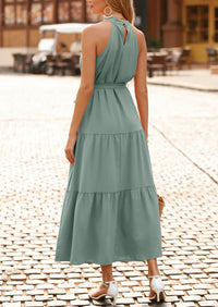 PRETTYGARDEN Women's Summer Floral Maxi Sun Dress Sleeveless Halter Neck Flowy Ruffle Hem Long Boho Dresses with Belt PRETTYGARDEN