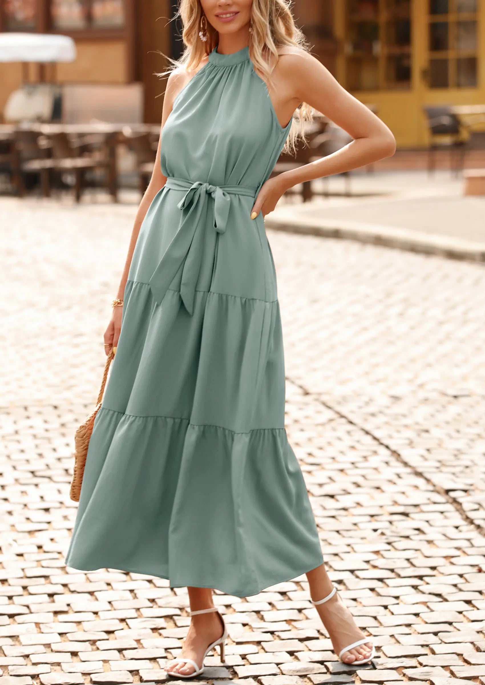 PRETTYGARDEN Women's Summer Floral Maxi Sun Dress Sleeveless Halter Neck Flowy Ruffle Hem Long Boho Dresses with Belt PRETTYGARDEN